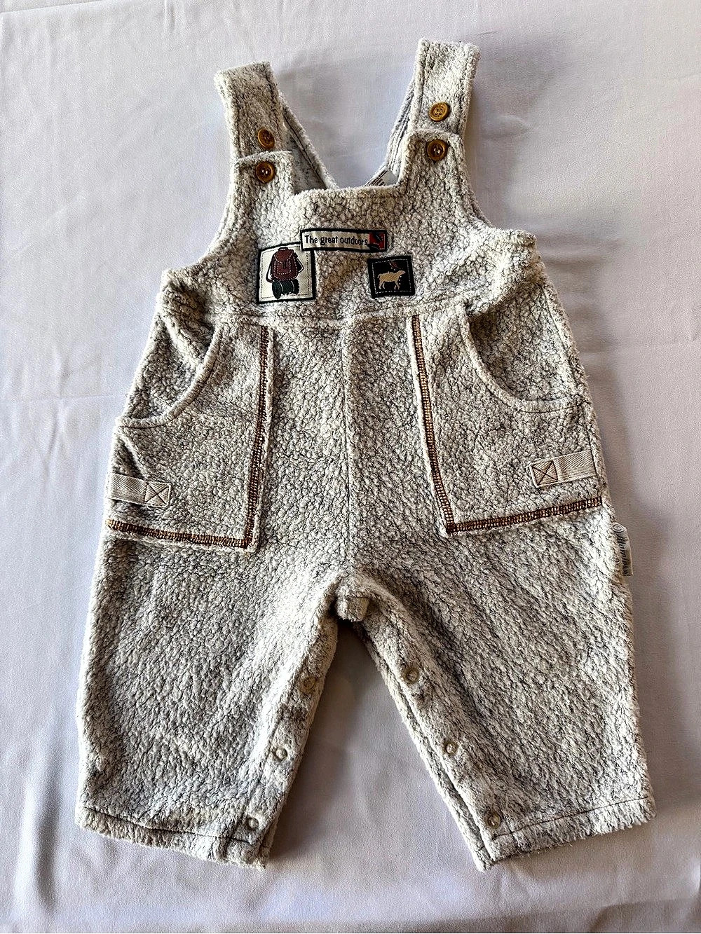Vintage Baby Fleece Overalls 12M Great Outdoors Hiking Moose Patches